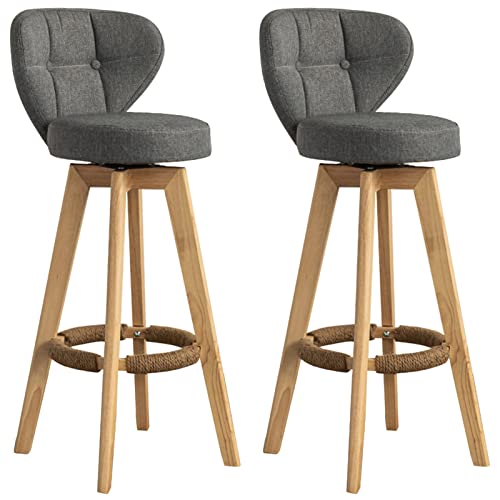 erkebspm Drehbare Barstühle aus massivem Holz, Moderne Möbelhocker, gepolsterte Rückenlehne, Abnehmbarer, waschbarer Sitz und Hanfseil-Fußstütze (Größe: 63 cm, Farbe: Grau) von erkebspm