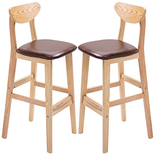 erkebspm Esszimmerstuhl aus Holz, Barhocker, Retro-Möbel, Küchentheke, Restaurant, Massivholzhocker mit Rückenlehne und PU-Sitz, 2 Stück (Größe: 63 cm, Farbe: Braun) von erkebspm