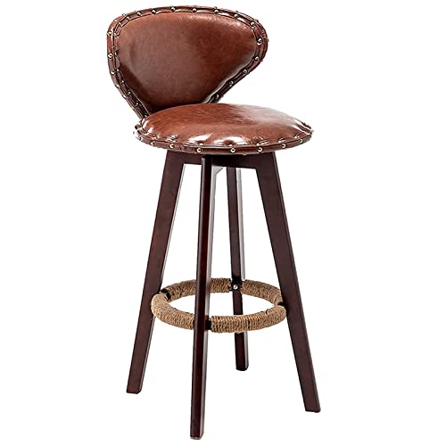 erkebspm Holzstuhl Retro-Drehbarhocker, Home Kitchen Restauranthocker mit Messingnagel-Sitzrückenlehne und Hanfseil-Fußstütze, Braun (Größe: 70 cm) von erkebspm