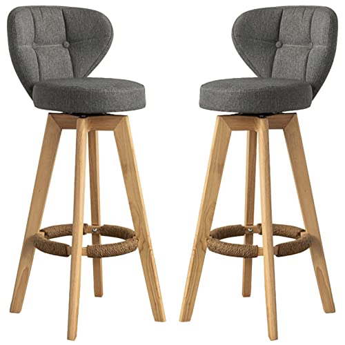 erkebspm Moderne Barstühle aus massivem Holz, Drehhocker, gepolsterte Rückenlehne, Abnehmbarer, waschbarer Sitz und Fußstütze aus Hanfseil (Größe: 63 cm, Farbe: Grau) von erkebspm