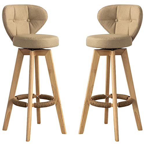 erkebspm Moderne Barstühle aus massivem Holz, Drehhocker, gepolsterte Rückenlehne, Abnehmbarer, waschbarer Sitz und Fußstütze aus Hanfseil (Größe: 63 cm, Farbe: Khaki) von erkebspm