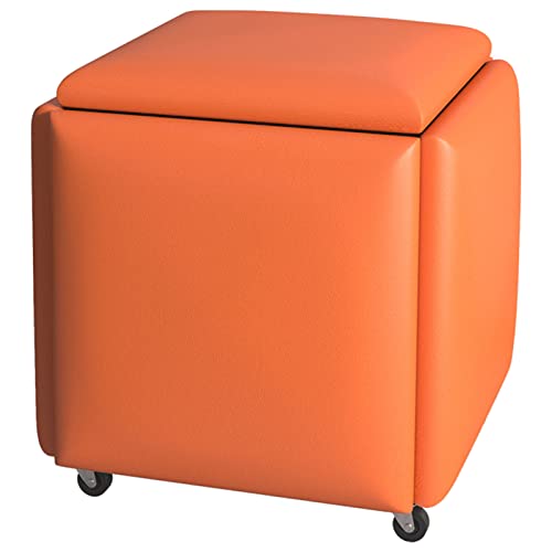 erkebspm Quadratischer Hocker Magic Cube 5-in-1-Stuhl mit orangefarbenem PU-Ledersitz und drehbaren Rädern, moderner Kombinationshocker mit Aufbewahrung für Sofas zu Hause (Größe: 45 x 45 x 46 cm) von erkebspm