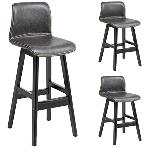 erkebspm Retro-Esszimmerstühle, 2 Stück, Kücheninsel, Massivholz-Barhocker mit Rückenlehne, PU-Sitzkissen und Fußstütze, Sitzhöhe 62 cm (Farbe: Grau) von erkebspm