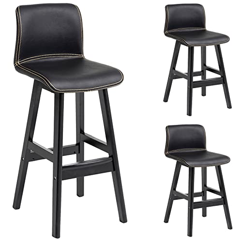erkebspm Retro-Esszimmerstühle, 2 Stück, Kücheninsel, Massivholz-Barhocker mit Rückenlehne, PU-Sitzkissen und Fußstütze, Sitzhöhe 62 cm (Farbe: Schwarz) von erkebspm