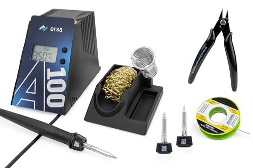 ERSA A100 80 WATT digitale Lötstation 150-480°C mit ergonomischen Lötkolben & TIP´N´TURN Lötspitzen-System mit Auto-Standby sowie 4-teiligem Zubehör-Set von ersa