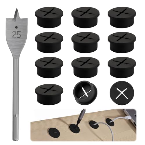 12 Stück Kabeldurchführung 25mm Schreibtisch Kabeldurchführung Flexible Silikon Kabeldurchführung Schwarz Kabeldurchlass Schreibtisch Runde Kabeldurchführung für Büro Wohnaccessoires (Mit 1 Bohrer) von ertlutw