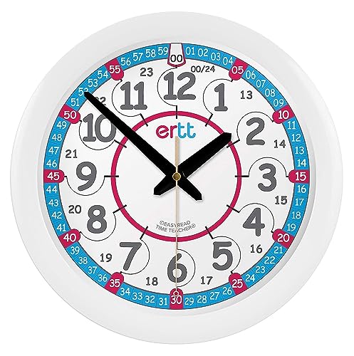 EasyRead Time Teacher Kinderwanduhr - Wanduhr Kinderzimmer - Die Zeit Lernen Wanduhr Mädchen & Jungen für Schlafzimmer mit Zeit Unterrichtsdesign, 24 Stunden Gesicht & Nachtlicht - Uhr 29cm von ertt