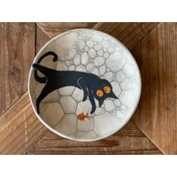 Handgemachte Keramik Schmuckschale Schwarze Katze & Goldfisch Platte von esMUD