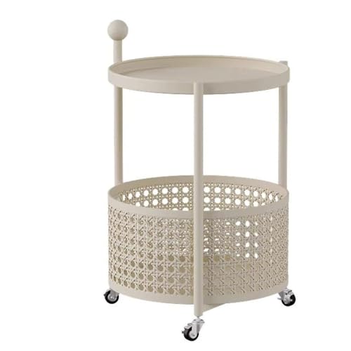 3-stufiger beweglicher Beistelltischwagen, runder Rollwagen mit Essensaufbewahrungskorb for den Einsatz im Schlafzimmer zu Hause(Beige) von esmen