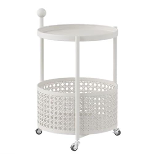 3-stufiger beweglicher Beistelltischwagen, runder Rollwagen mit Essensaufbewahrungskorb for den Einsatz im Schlafzimmer zu Hause(Blanc) von esmen