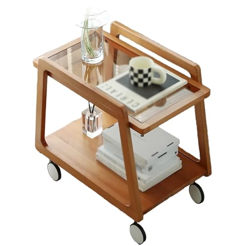 esmen Beistelltisch aus Holz, bewegliche Glasplatte mit Rädern, 2-stufiger Kleiner Rollwagen for das Wohnzimmer Wohnungen esmen Beistelltisch aus Holz, bewegliche Glasplatte mit Rädern, 2-stufiger Kleiner Rollwagen for das Wohnzimmer Wohnungen von esmen