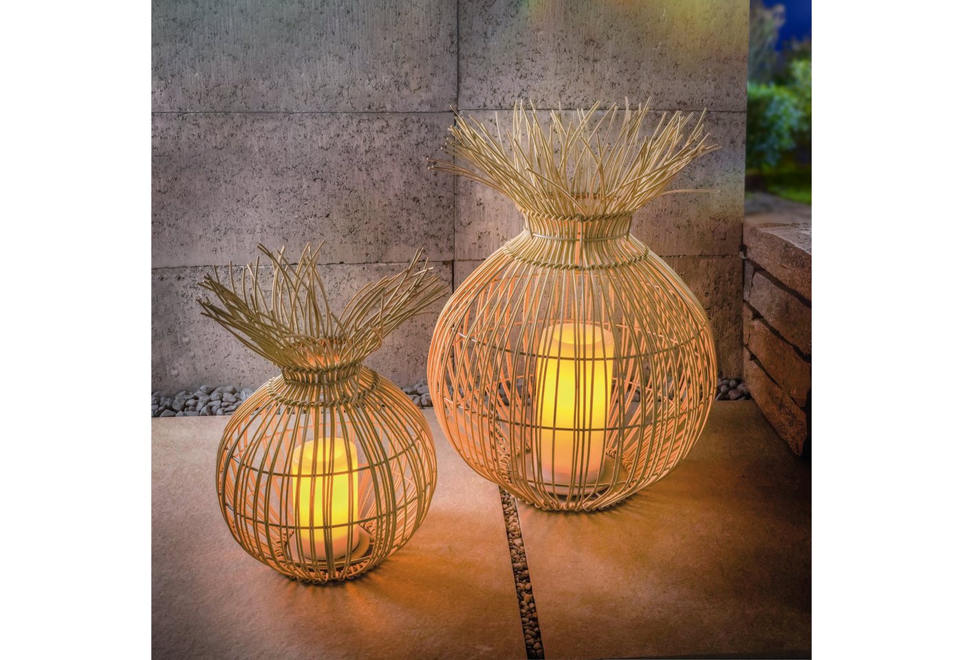 esotec LED Gartenleuchte 2er Set Boho Windlichter Praya H48+35cm Flackerlicht Polyrattan 102277 esotec LED Gartenleuchte 2er Set Boho Windlichter Praya H48+35cm Flackerlicht Polyrattan 102277 von esotec