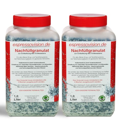 2 Liter Nachfüllgranulat - Wasserfilter Granulat für nachfüllbare Kartuschen I Füllgranulat/Filtergranulat für Krug- & Tankfilter vieler Marken - entkalkt Wasserenthärter für Filterkartuschen von espressovision