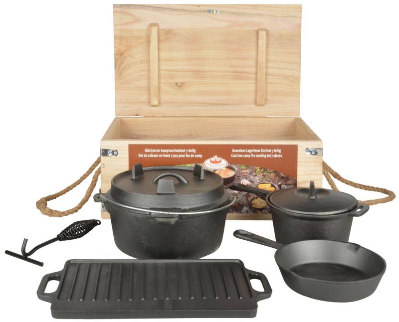 esschert design Feuertopf, (Set, 7-tlg), Dutch oven Set 7teilig, aus Gusseisen Paulownienholz und Juteseil von esschert design