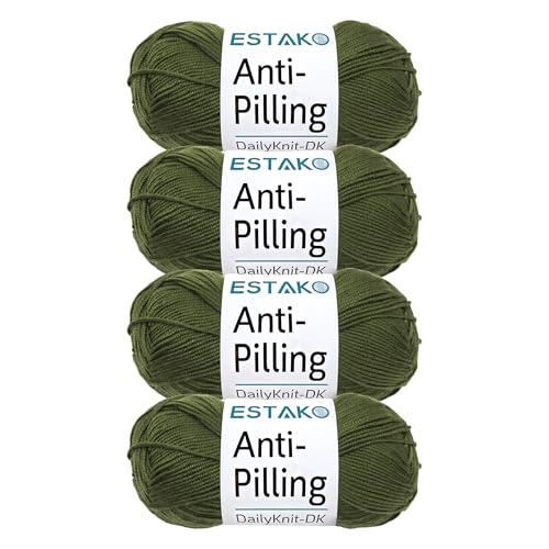 Estako DailyKnit-DK – 100 % Anti-Pilling-Acrylgarn – weiches DK leichtes Gewicht #3 – (4 x 100 g / 4 x 270 m) – zum Stricken und Häkeln (80050 – Khaki), 4 Knäuel von estako