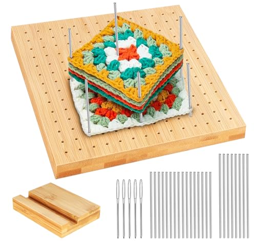 Granny Squares Blocking Board, 20 cm Wooden Spanner mit 24 Edelstahl-Stabstiften in 2 Größen(10cm/15cm) und 5 Nadeln,Handcrafted Peg Crochet Blockierbrett Sperrbrett Für Granny Square Häkelbrett von estcoo