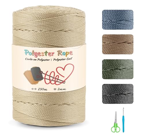 Makramee Polyester Garn, 2mm x 250m Macrame Yarn Seil mit Schere und 4mm Häkeln, 100% Polypropylen Cord Makramee-Kordel für Geschenk, Häkeltasche, Umhängetasche, Wohndekorationen (Hellgelb) von estcoo