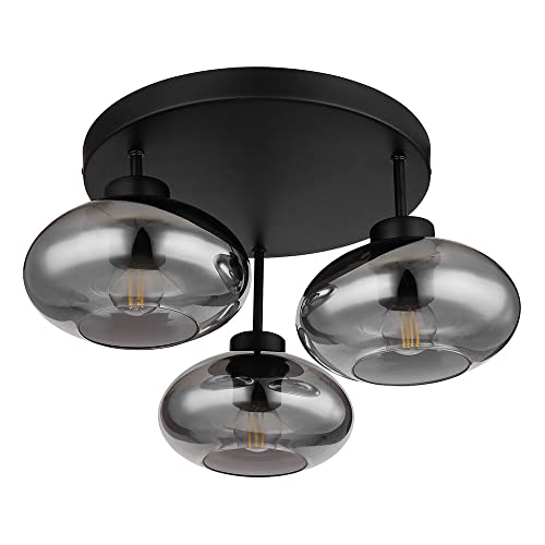 Deckenleuchte Deckenlampe Wohnzimmerleuchte Esszimmer, 3 flammig Retrostil, Metall schwarz Glas rauchfarben, 3x E27 Fassungen, DxH 40x24cm von etc-shop