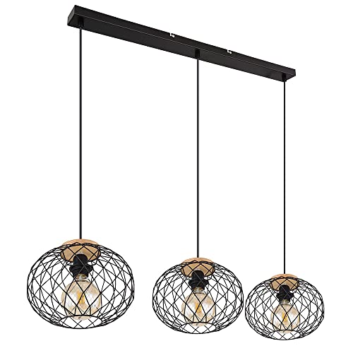 etc-shop Esszimmer Lampe hängend Holz Pendelleuchte Esstisch schwarz Vintage Hängelampe 3 Flammig Holz, Metall Käfig-Schirme, 3x E27 Fassungen, L 95 cm von etc-shop