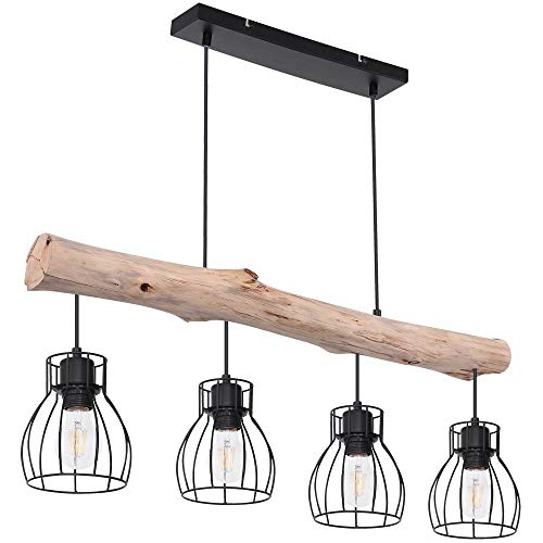 etc-shop Holz Design Hängeleuchte mit Gitter Lampenschirmen Pendelleuchte mit Holzbalken 4 flammig, Metall schwarz Holz natur, 4x E27 max 40 Watt, LxBxH 82,5x13,6x140cm, Wohnzimmer Esszimmer von etc-shop