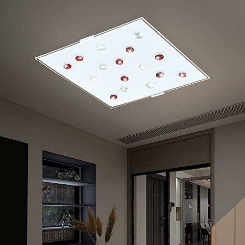 etc-shop LED Deckenleuchte Glas Wohnzimmerleuchte quadratisch Modern Deckenlampe Glassteine rot, Stahl weiß, 12W 1020Lm warmweiß, LxBxH 29x29x7,5 cm von etc-shop