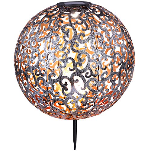 etc-shop Solarkugel für Außen Garten Deko Solarlampe orientalische Kugel Kugelsolarleuchten für Außen, Metall silber antik, LED 0,06W warmweiß, DxH 28,5x40 cm von etc-shop