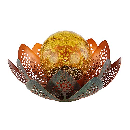 etc-shop Solarleuchte Asia Garten Lotusblüte Deko Solar Lotusblüte für Außen Garten Deko Leuchten, Crackle Glas Metallblätter gold, 1x LED, D 22 cm von etc-shop