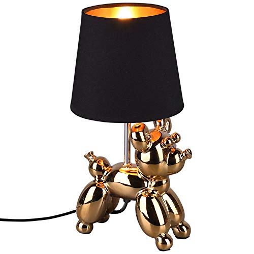 etc-shop Tischleuchte Keramik Gold Tischlampe Nachttischlampe im Hunde Design für Ihren Wohnraum, Metall, 1 Flammig 1x E14, BxH 17x33 cm von etc-shop