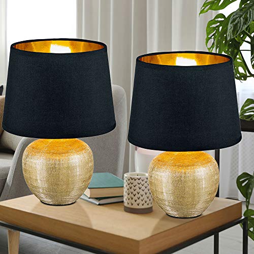 Tischleuchte Tischlampe Nachtlampe, Keramik Textil, Gold-Schwarz, 1x E14 Fassung, DxH 18x26 cm, Schreibischlampe Nachttischleuchte - 2er Set von etc-shop