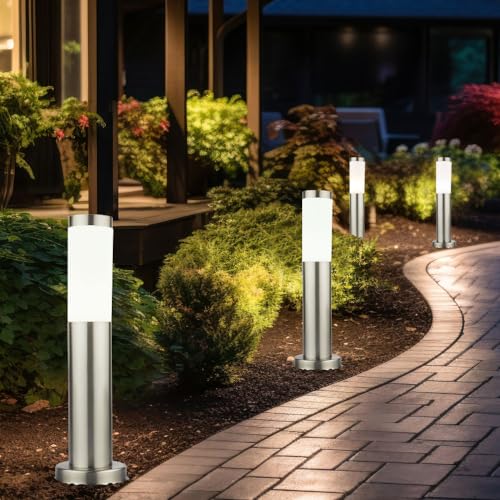 etc-shop Außen Stehleuchte Sockellampe Wegeleuchte Standlampe Gartenleuchte, Kunststoff Edelstahl silber, LED 11W 1055Lm warmweiß, H 45 cm, 4er Set von etc-shop