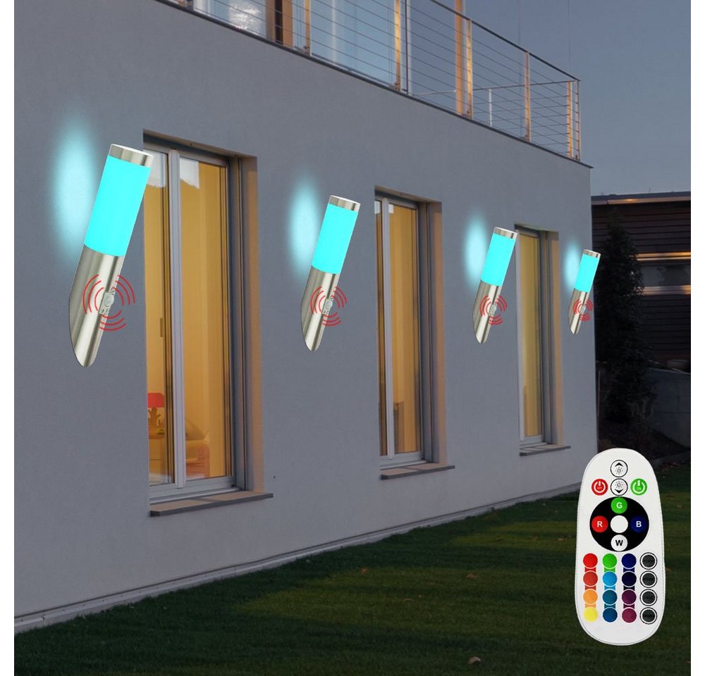 etc-shop Außen-Wandleuchte, Leuchtmittel inklusive, Warmweiß, Farbwechsel, 4x Außen Wand Leuchten Edelstahl Balkon Lampen Bewegungsmelder im Set von etc-shop