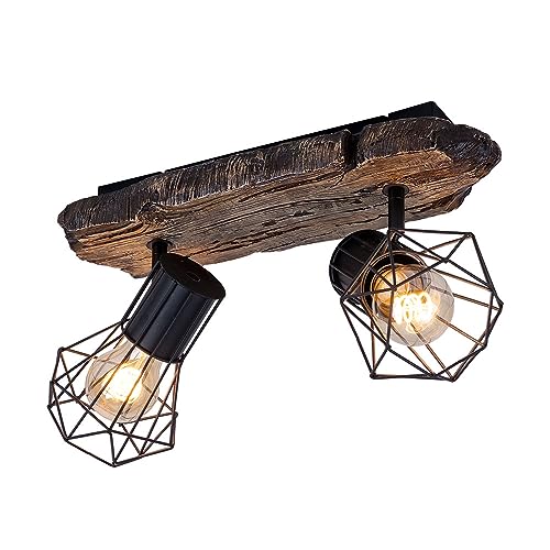 etc-shop Deckenlampe Wohnzimmer Holzoptik Deckenstrahler 2 flammig Retro Geflecht Spots verstellbar, Metall Kunststoff, 2x E27 Fassung, LxBxH 38,5x12x36 cm von etc-shop