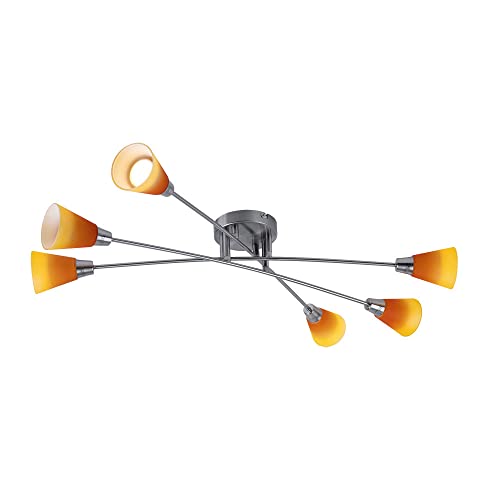 etc-shop Deckenleuchte Deckenlampe Spotleuchte Wohnzimmerleuchte Schlafzimmer, 6 flammig, Nickel matt Chrom Glas gelb orange, 6x GU10 9W 420Lm 2700K, HxLxT 15x77x45cm von etc-shop