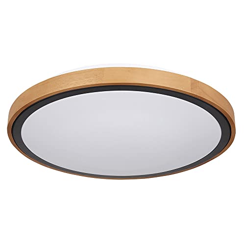 etc-shop Deckenleuchte Holz rund Wohnzimmerleuchte schwarz Landhausstil LED Deckenlampe Tageslichtleuchte, CCT, opal weiß, 1x LED 24W 1000Lm, DxH 43,7x11 cm von etc-shop