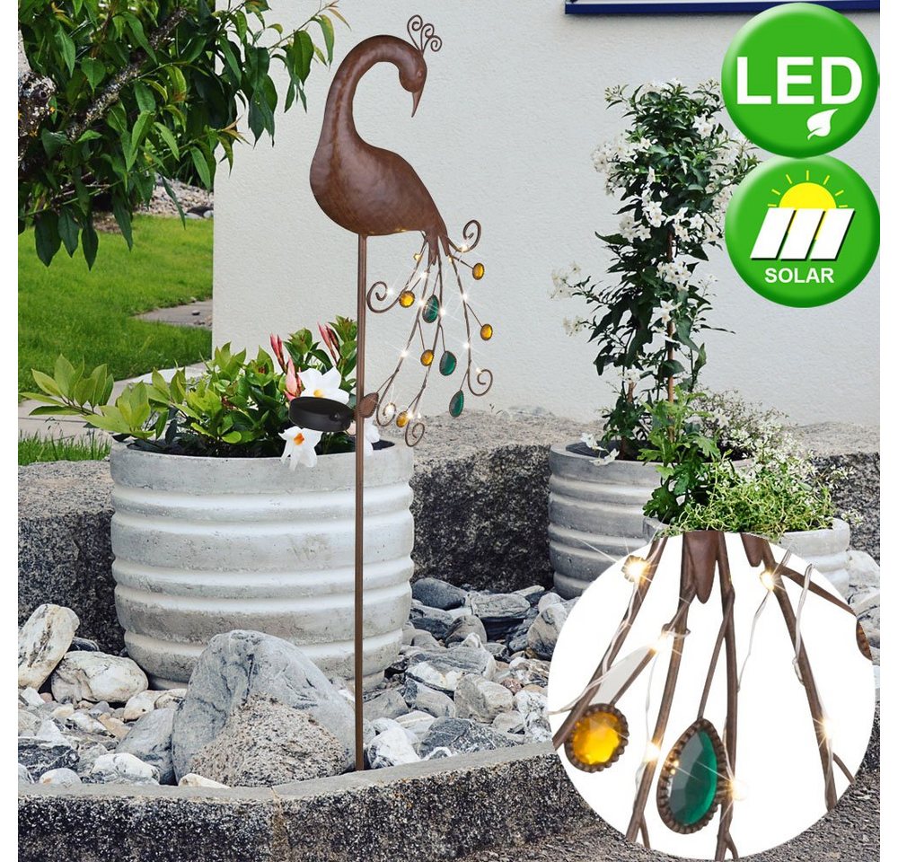 etc-shop LED Solarleuchte, LED-Leuchtmittel fest verbaut, Warmweiß, LED Solar Erspieß Steck Leuchte Garten Weg Beet Beleuchtung Pfau Lampe von etc-shop