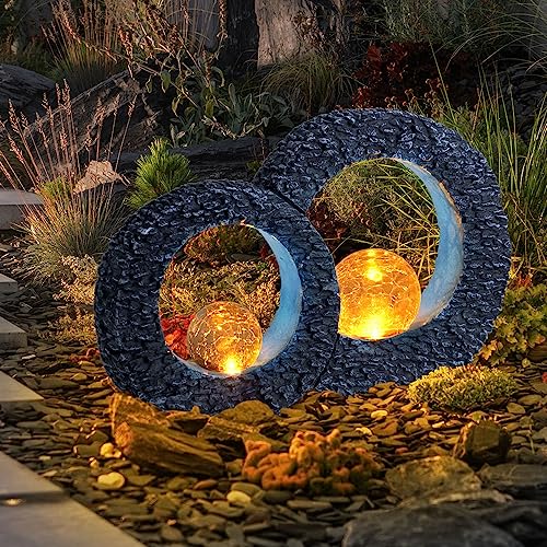 etc-shop Gartendeko Solarleuchte Balkonbeleuchtung Solar Dekoleuchte Skulptur Solar Leuchte Terrassen Deko, mit Feuereffekt Glaskugel, Stein Optik grau blau, 1xLED, LxH 36 x 24,5 cm von etc-shop