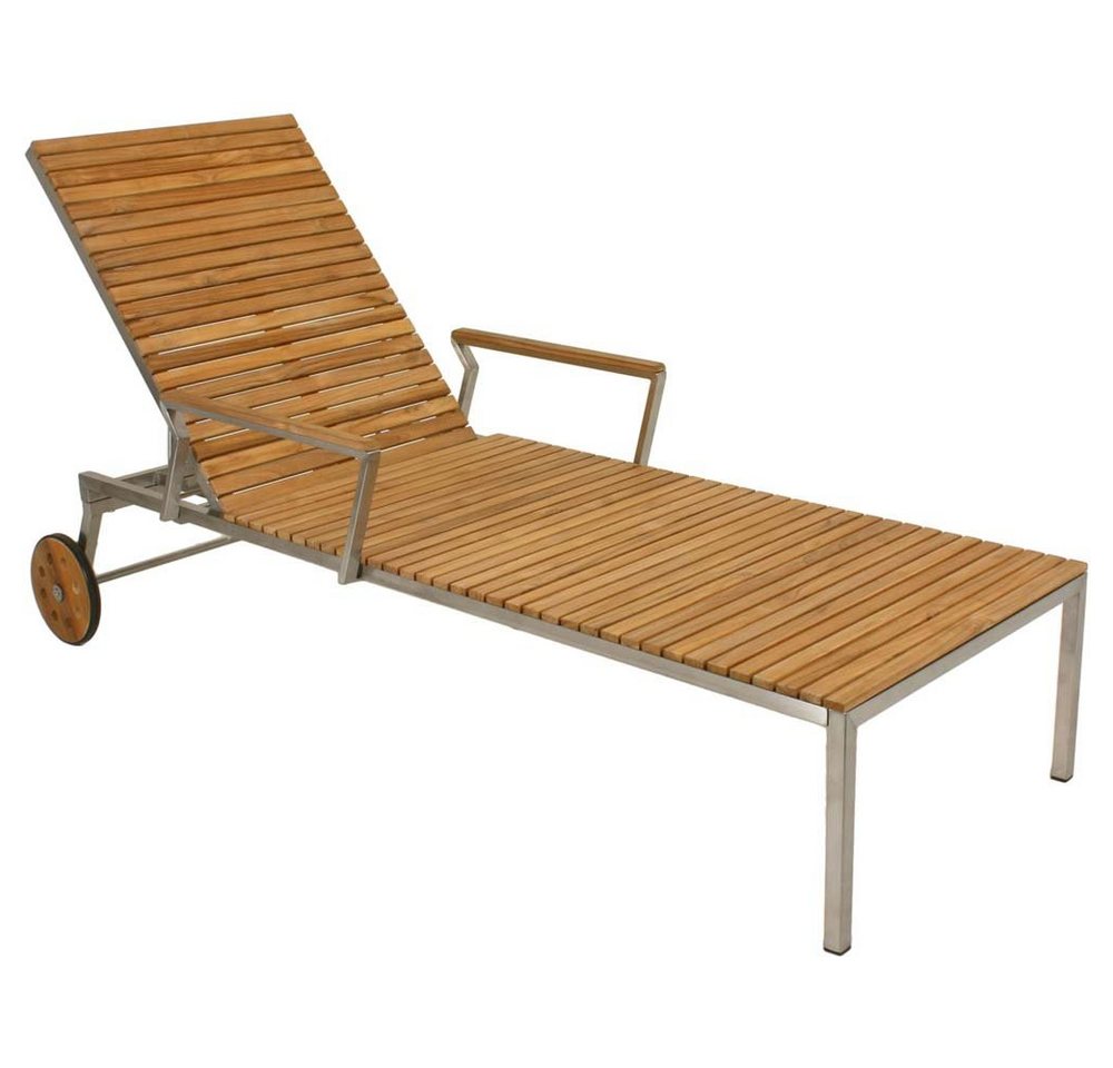 etc-shop Gartenstuhl, Sonnenliege Teak Teakholz Edelstahl 197cm Holz Garten Balkon Liege von etc-shop