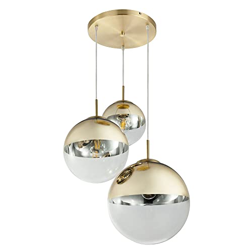 etc-shop Hängelampe Decken Pendelleuchte 3 flammig gold Kugeln Design Pendellampe Glas Hängeleuchte, 3x E27, Höhe 120 cm, Wohnzimmer Schlafzimmer Esszimmer von etc-shop