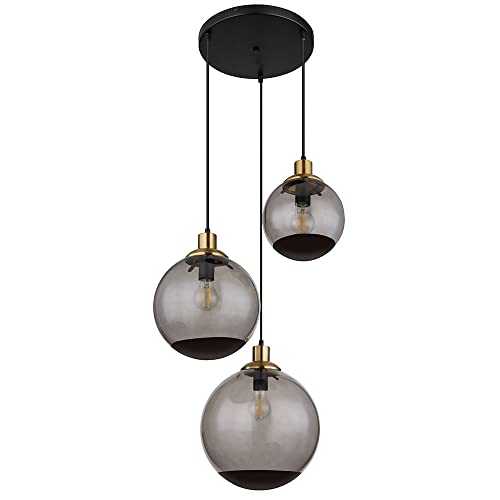 etc-shop Hängeleuchte Glas modern Pendellampe Wohnzimmer Rauchglas schwarz 3 flammig, Metall Glaskugeln messing Retro, 3x E27 Fassungen, DxH 51x120 cm von etc-shop