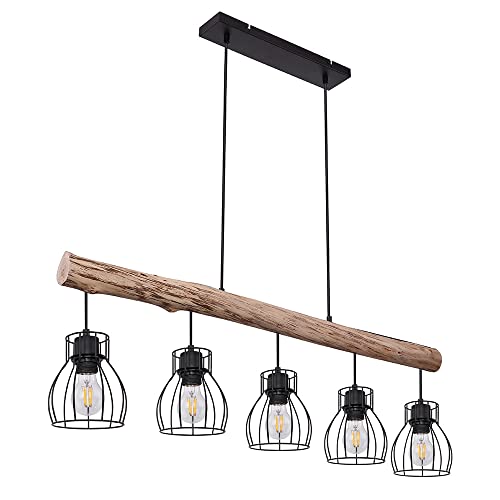 etc-shop Hängeleuchte Holzbalken natur Pendelleuchte Käfig schwarz Hängelampe Holz Landhausstil, schwarz, 5x E27 Fassungen, LxBxH 100x13,6x140 cm von etc-shop