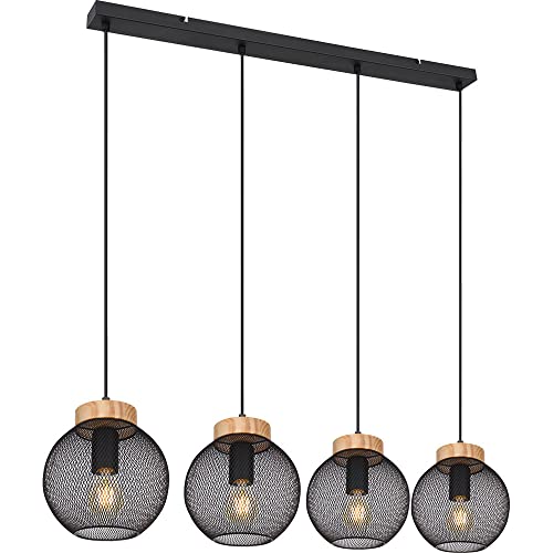 etc-shop Hängeleuchte Käfig Design Hängelampe Esstisch Pendelleuchte Holz Kugelform, Metall Gitter schwarz, Fassungen 4x E27, LxBxH 95x20x120 cm von etc-shop