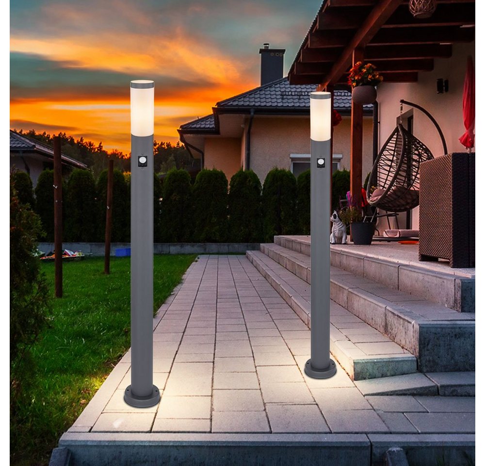etc-shop LED Außen-Stehlampe, 2x Außen Stand Sockel Lampe Garten Edelstahl Bewegungsmelder Säulen Steh Leuchte von etc-shop