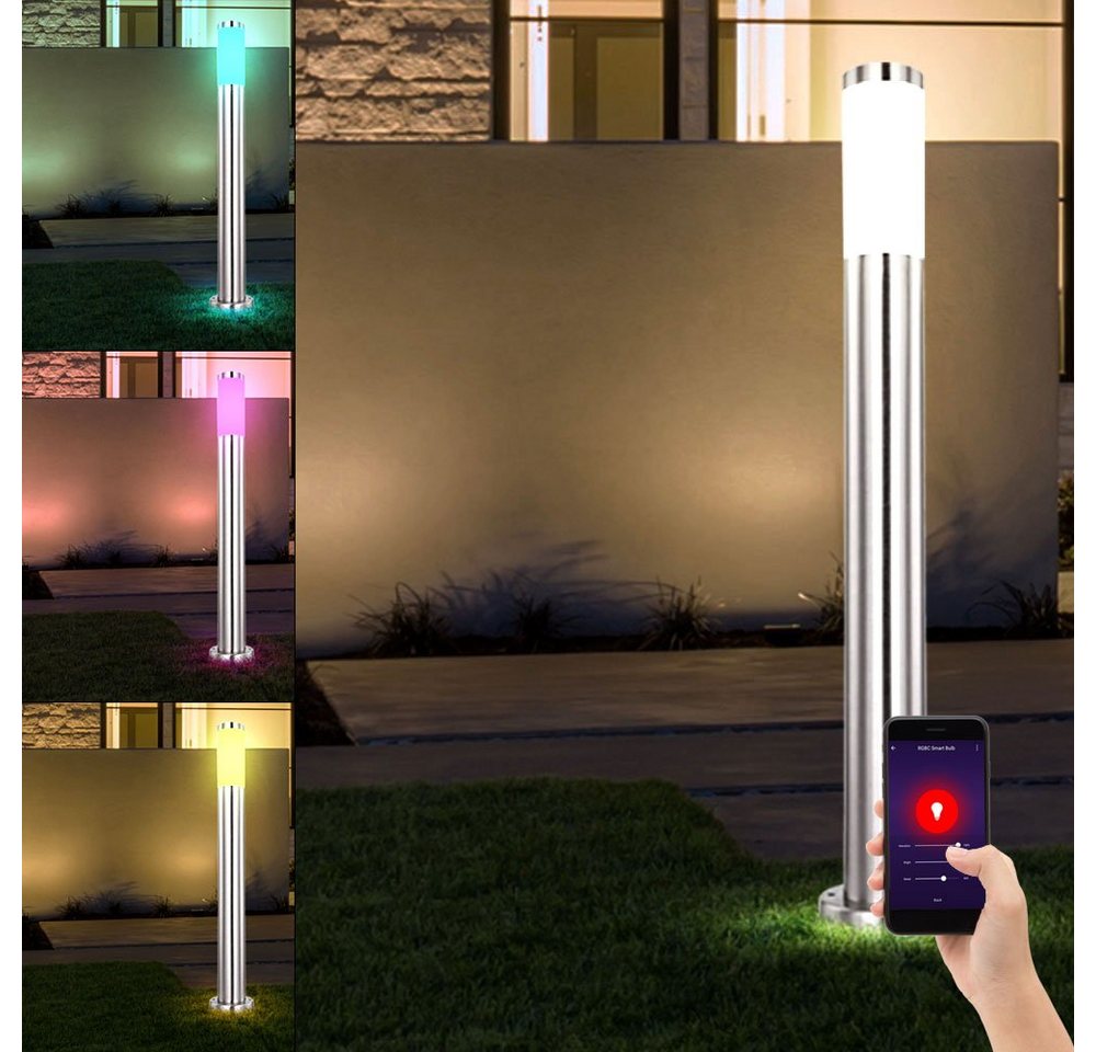 etc-shop LED Außen-Stehlampe, Smart Home Außen Steh Leuchte Alexa Google App Edelstahl Lampe dimmbar im Set inkl. RGB LED Leuchtmittel von etc-shop