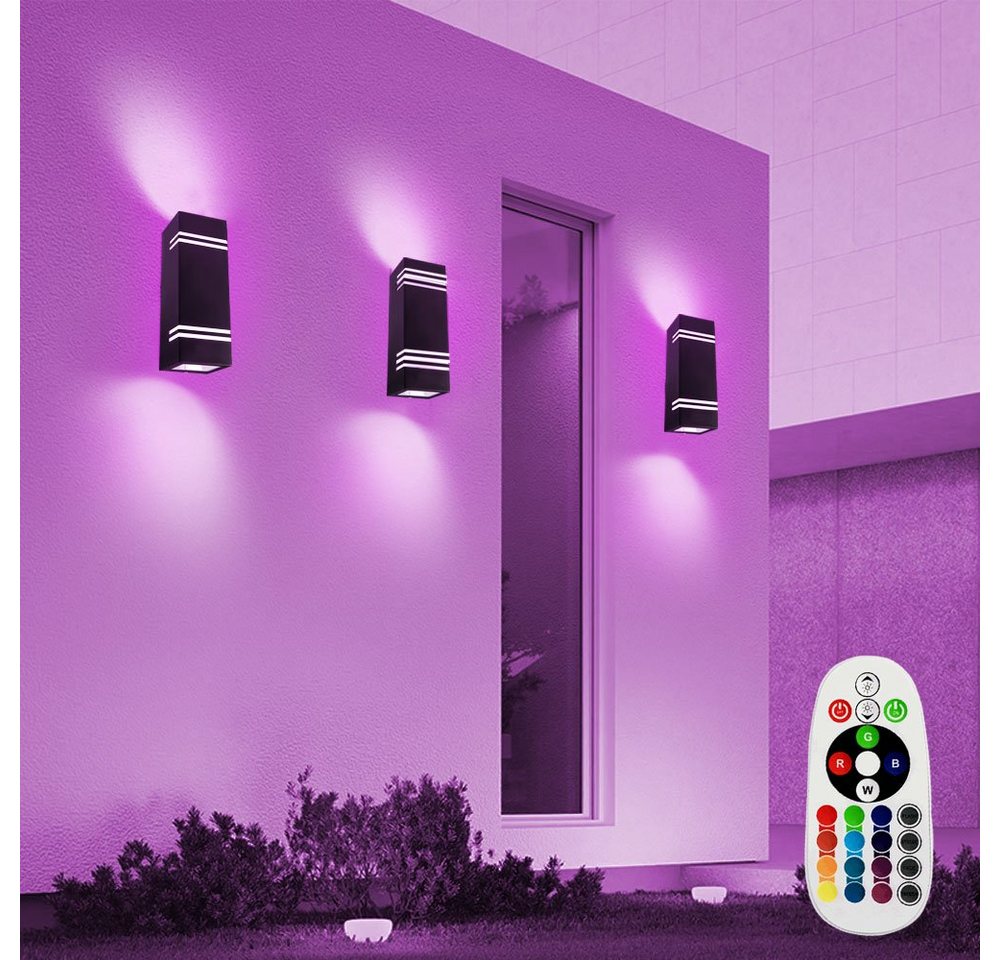 etc-shop Außen-Wandleuchte, Leuchtmittel inklusive, Warmweiß, Farbwechsel, 3er Set RGB LED UP DOWN Wand Leuchten schwarz Fernbedienung von etc-shop