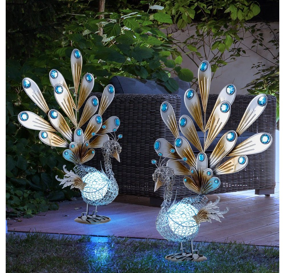 etc-shop LED Dekofigur, LED-Leuchtmittel fest verbaut, 2er Set LED Außen Pfau Figur IP44 Steh Stand Lampe Outdoor Leuchte von etc-shop