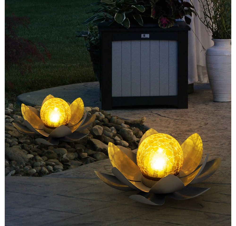etc-shop Gartenleuchte, LED-Leuchtmittel fest verbaut, 2er Set LED Solar Außen Lampen Lotus Blumen Garten Beleuchtung von etc-shop