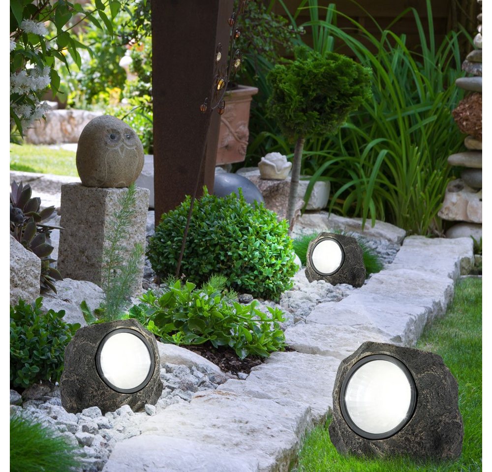etc-shop Gartenleuchte, LED-Leuchtmittel fest verbaut, 3er Set Stein Design LED Solar Lampe Deko Leuchte IP44 Beleuchtung von etc-shop