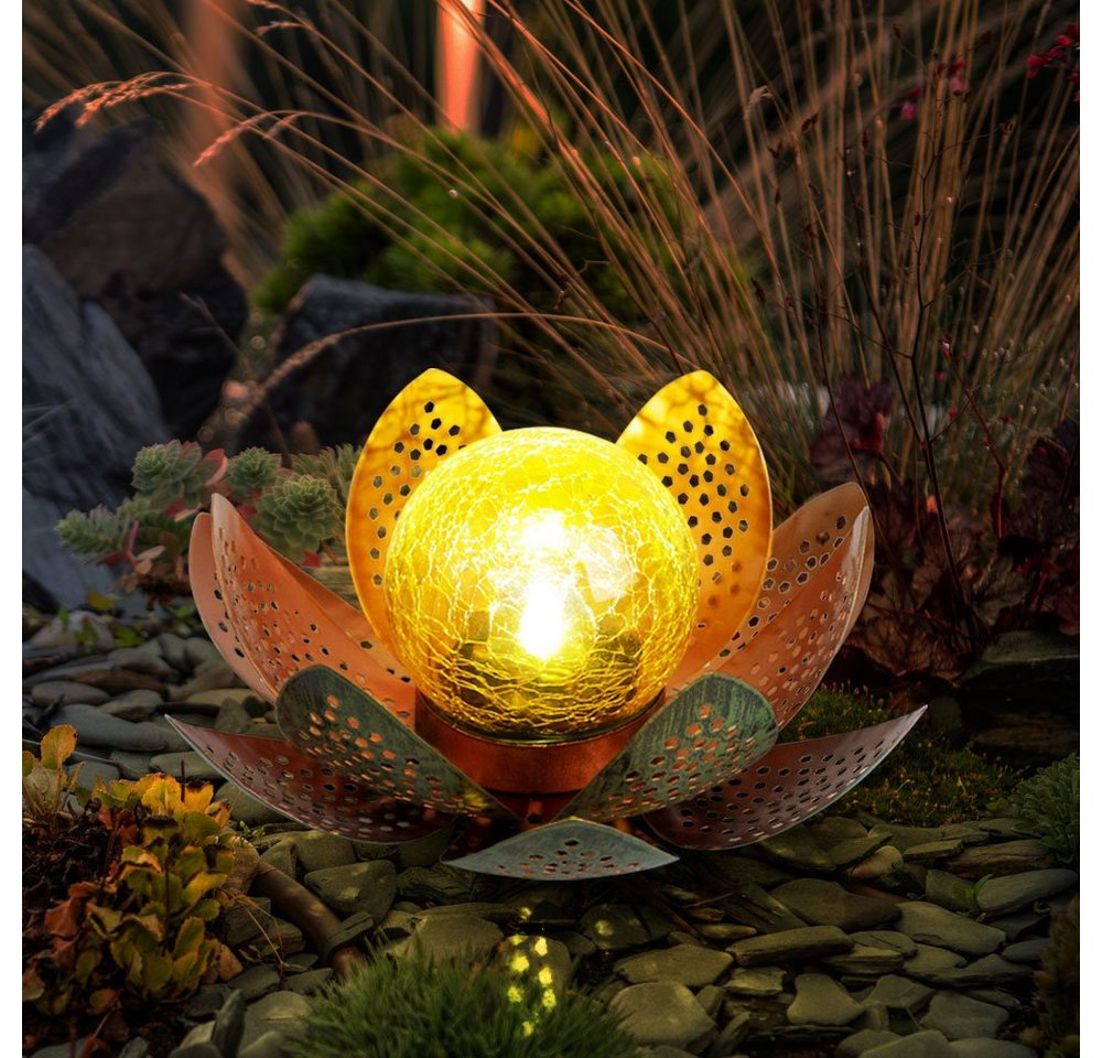 etc-shop LED Dekolicht, LED Garten Solar Lampe Tisch Leuchte Lotus Blume Deko Beleuchtung Balkon Hof Leuchte grün GOLD von etc-shop