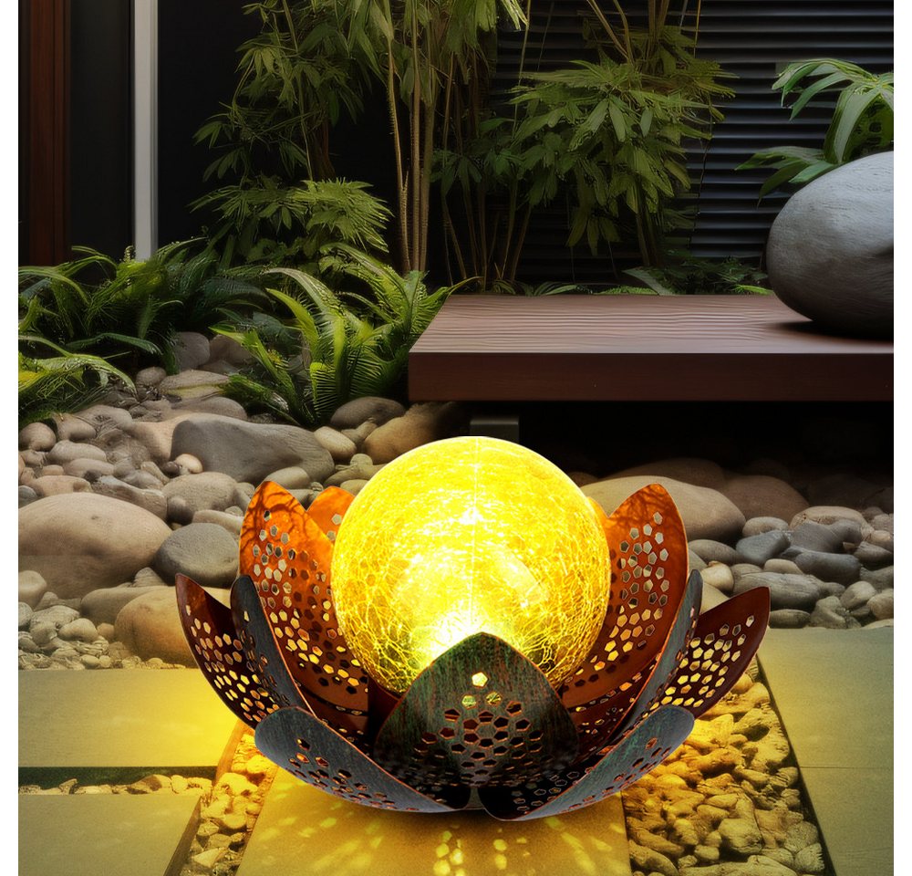 etc-shop Gartenleuchte, LED-Leuchtmittel fest verbaut, Kaltweiß, LED Solar Lotus Blume Deko Lampe Kugel Crackle-Glas Außen von etc-shop