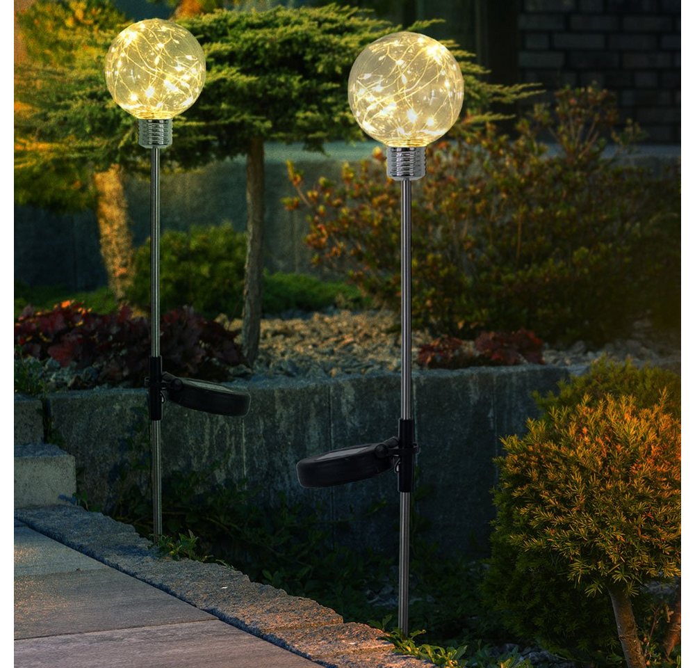 etc-shop LED Gartenleuchte, LED-Leuchtmittel fest verbaut, Warmweiß, 2er Set LED Solar Kugel Außen Steck Lampen Lichterkette Garten von etc-shop